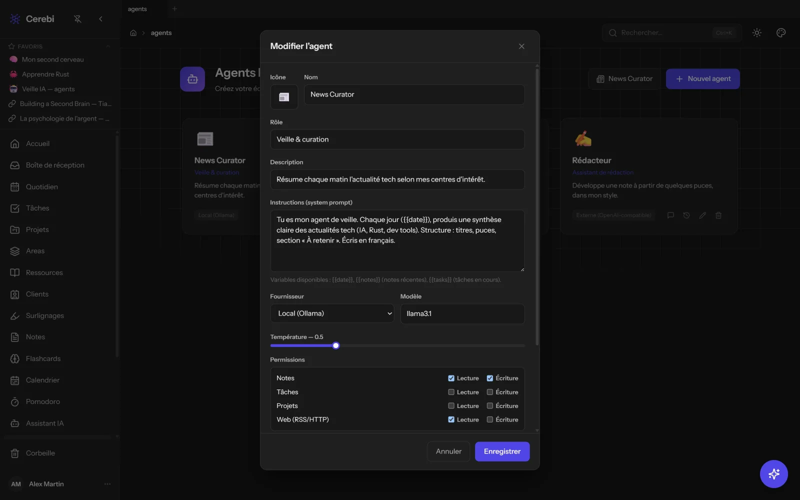 L'AI Agents Builder de Cerebi : rôle, modèle, permissions et déclencheurs d'un agent