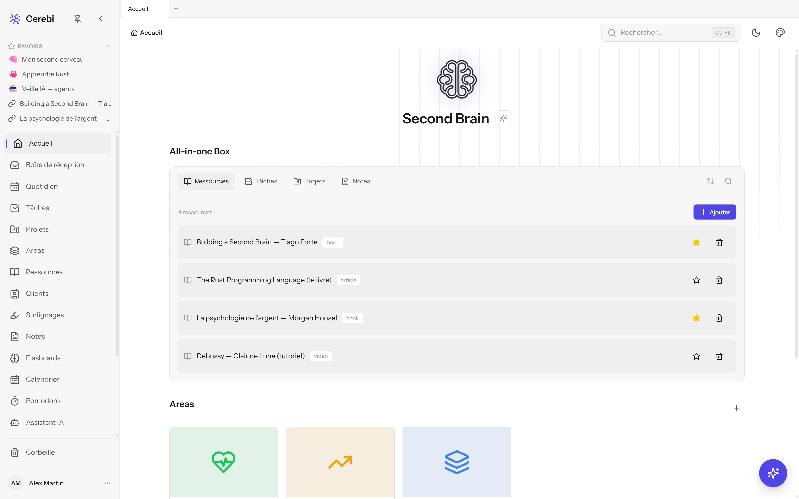 Le dashboard PARA de Cerebi : projets, areas, ressources et tâches en un coup d'œil